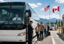 Charter bus passengers presenting travel documents at a U.S.–Canada border crossing