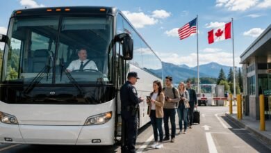 Charter bus passengers presenting travel documents at a U.S.–Canada border crossing