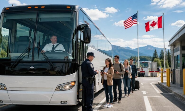 Charter bus passengers presenting travel documents at a U.S.–Canada border crossing