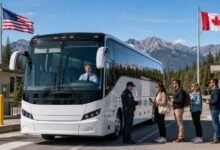 Charter bus passengers presenting travel documents at a U.S.–Canada border crossing