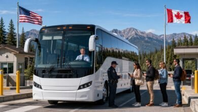 Charter bus passengers presenting travel documents at a U.S.–Canada border crossing