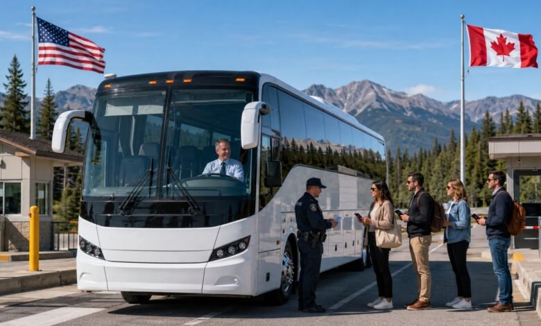 Charter bus passengers presenting travel documents at a U.S.–Canada border crossing